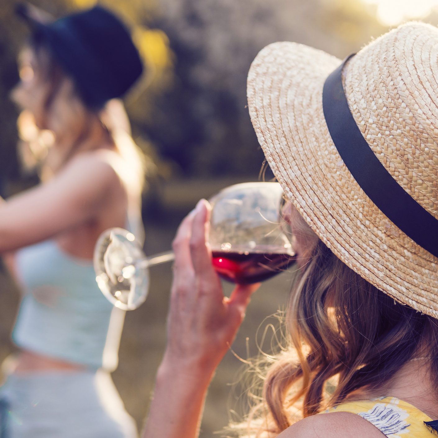 Group of girls friends making picnic outdoor. They have fun and drink wine